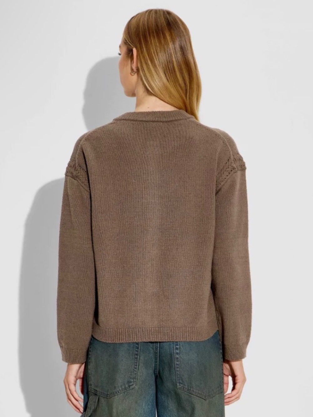 Wild Fable Women's Crewneck Cable Trim Cardigan Cable Knit Ribbed Knit Brown NWT - Picture 3 of 5
